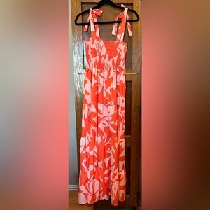 Tiered Maxi Skirt in Coral and Light Pink Abstract Print